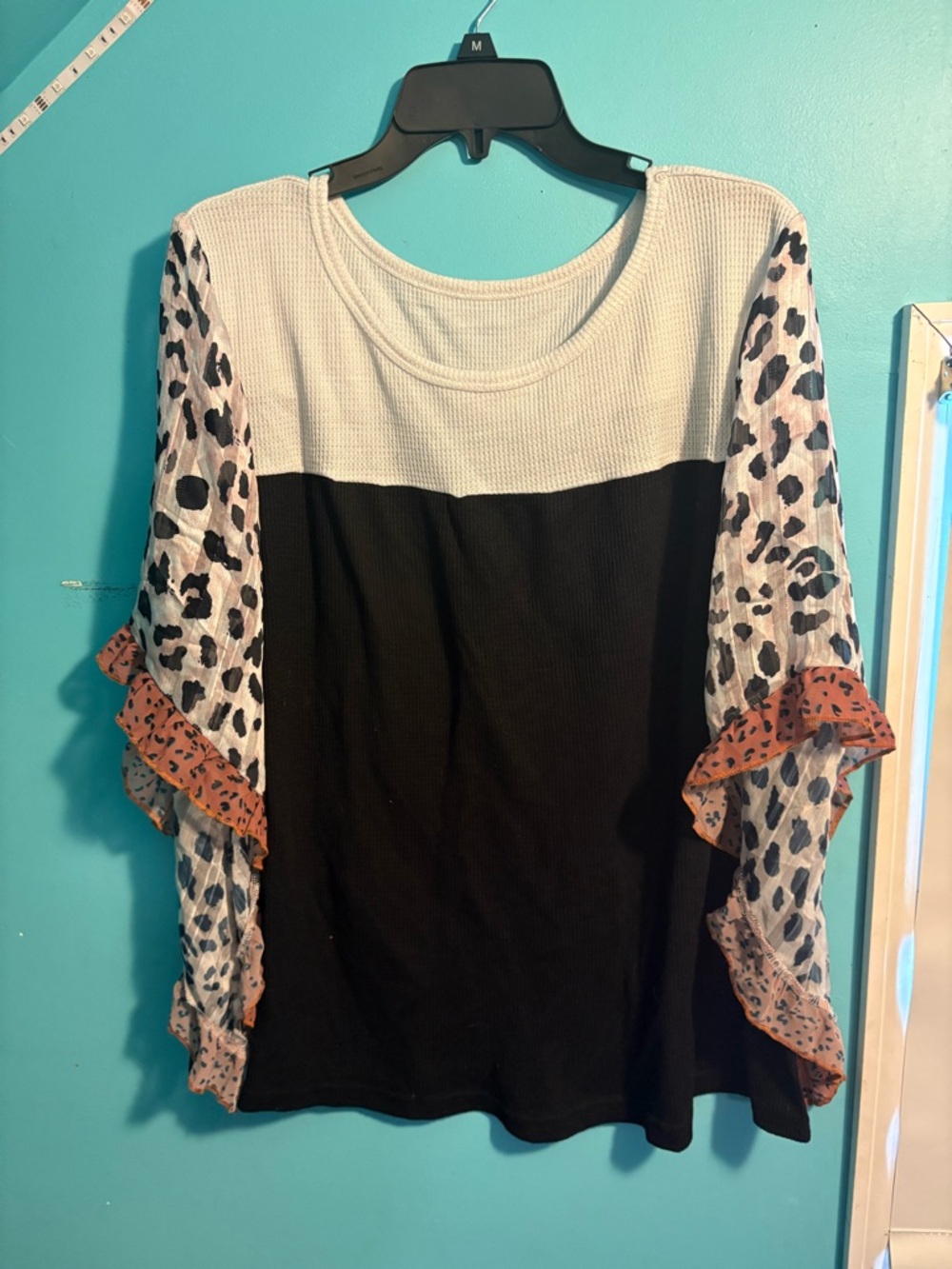 Black & White Colorblock Long Sleeve Top with Leopard Accent